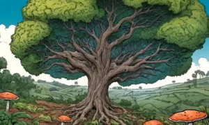 Un diagrama de árboles hongos en un fondo de plantas agrícolas.