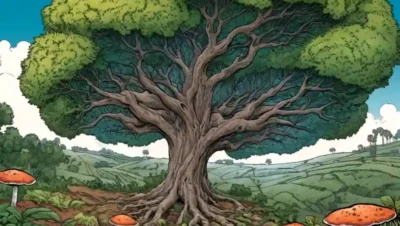 Un diagrama de árboles hongos en un fondo de plantas agrícolas.