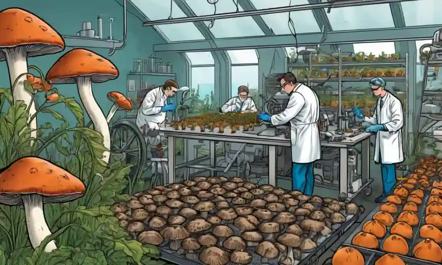 Investigadores en un laboratorio que examinan muestras de hongos, rodeados de cultivos y equipos agrícolas.