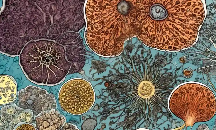 Diagramas científicos e ilustraciones fúngicas en una diapositiva microscópica.