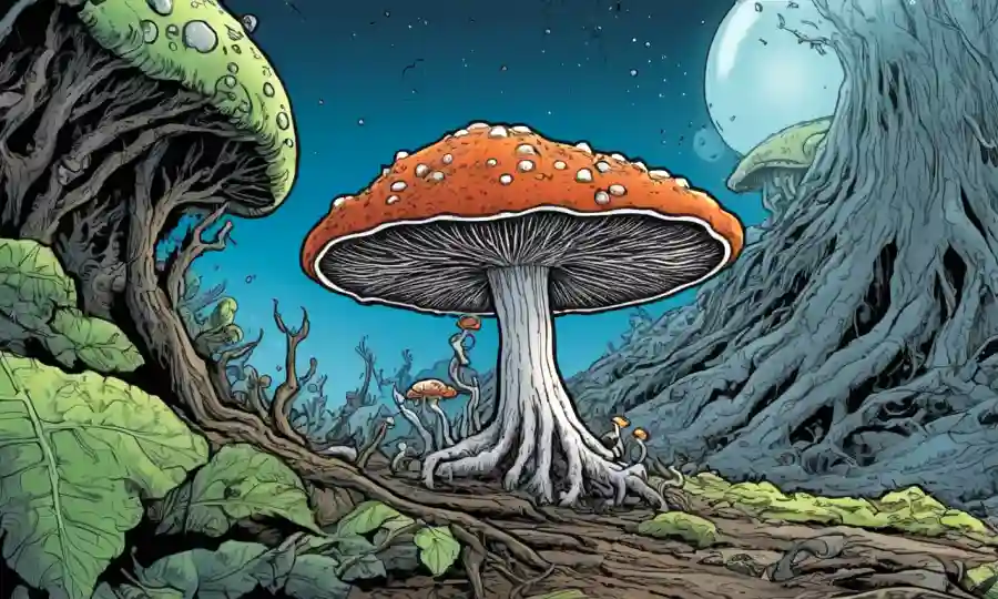 Una ilustración de una rara especie fúngica que prospera en un ambiente extremo.
