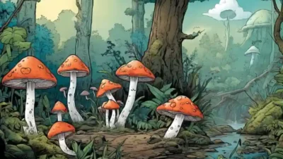 Ilustración científica de especies de hongos en diferentes ambientes.