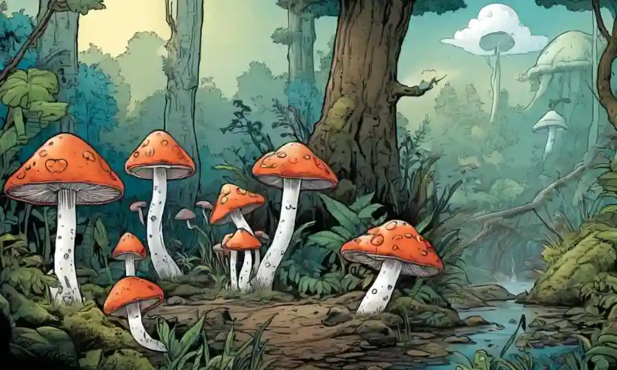 Ilustración científica de especies de hongos en diferentes ambientes.