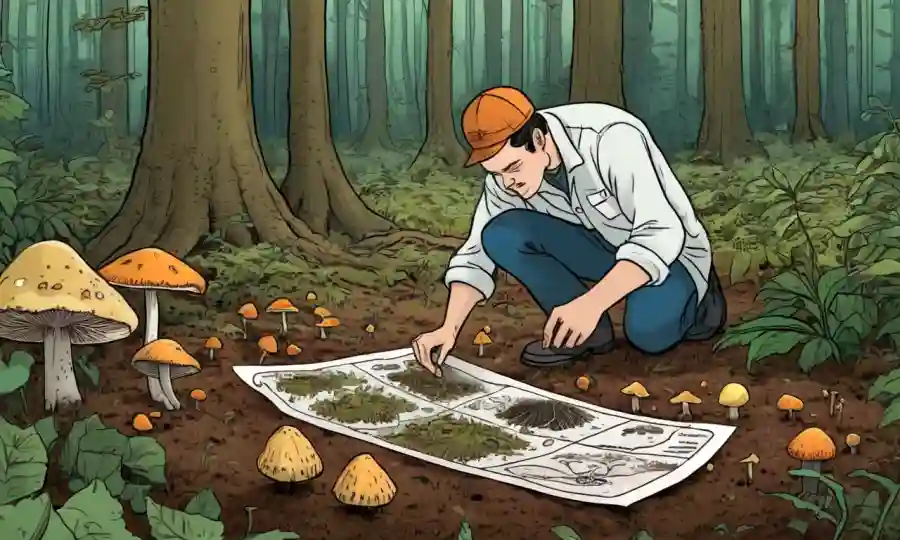 Persona que examina los crecimientos de hongos en un fondo forestal con diagramas botánicos en primer plano.