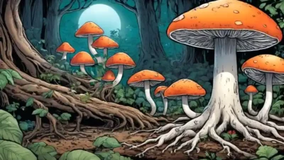 Crecimiento de hongos entre raíces de diversas especies vegetales