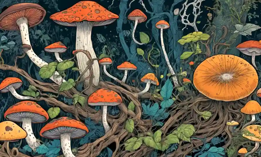 Una ilustración de hongos y plantas interconectados, con formas abstractas que representan relaciones mutuas y parasitarias.