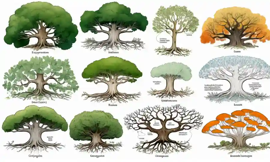 Dendrogramas y árboles filogenéticos de hongos ramificando en un contexto científico.