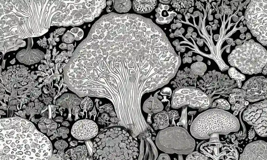 Ilustraciones científicas de patrones de árboles y datos micológicos en una pantalla de computadora.