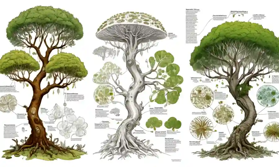 Diagramas tipo árbol que muestran relaciones evolutivas entre especies fúngicas.