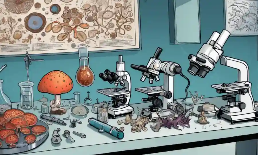 Diagramas científicos de hongos y microscopios en un banco de laboratorio.