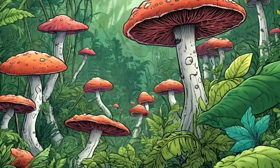 Estructuras microscópicas de hongos entre vegetación exuberante en foco.