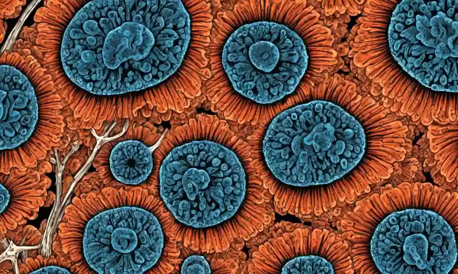 Una vista microscópica de hongos bajo un microscopio con características únicas destacadas.