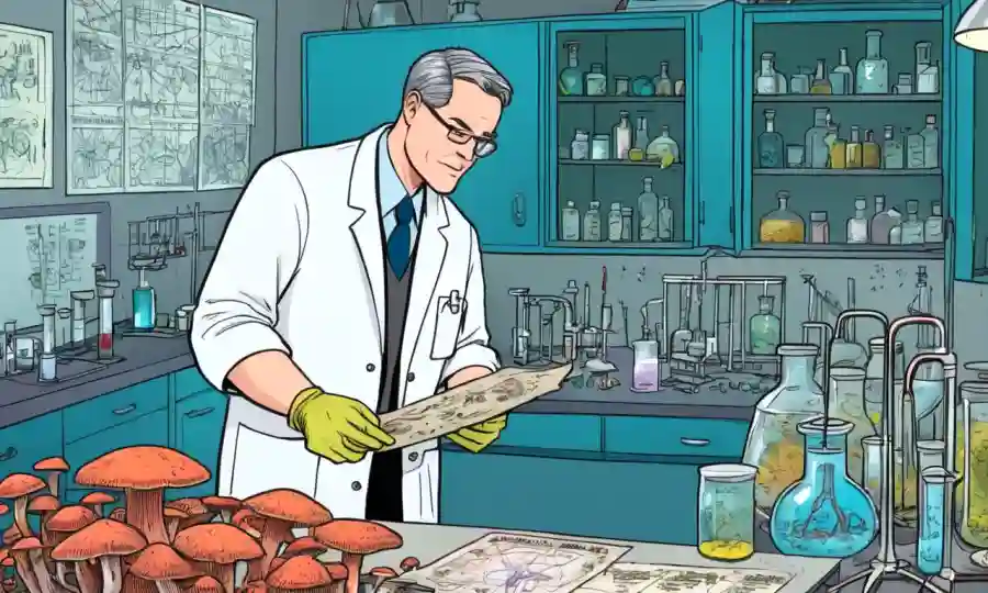 Un científico que examina muestras de hongos en un laboratorio con gráficos y diagramas.