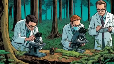 Científicos que examinan especímenes hongos bajo microscopios dentro de un fondo forestal.