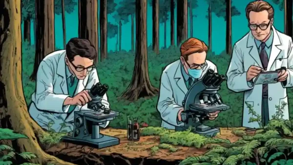 Científicos que examinan especímenes hongos bajo microscopios dentro de un fondo forestal.