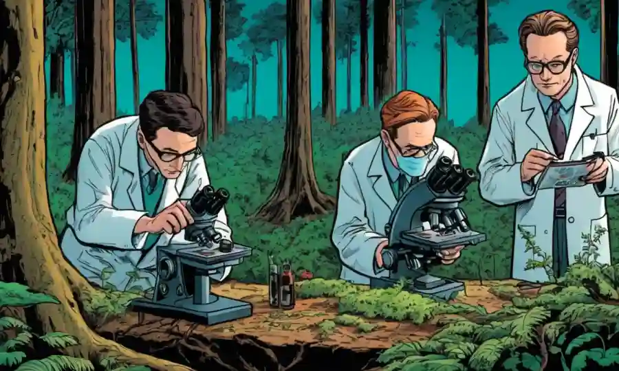 Científicos que examinan especímenes hongos bajo microscopios dentro de un fondo forestal.