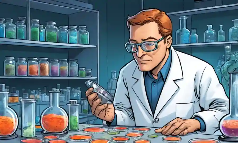 Un científico que estudia hongos en un laboratorio con varios platos y muestras Petri.