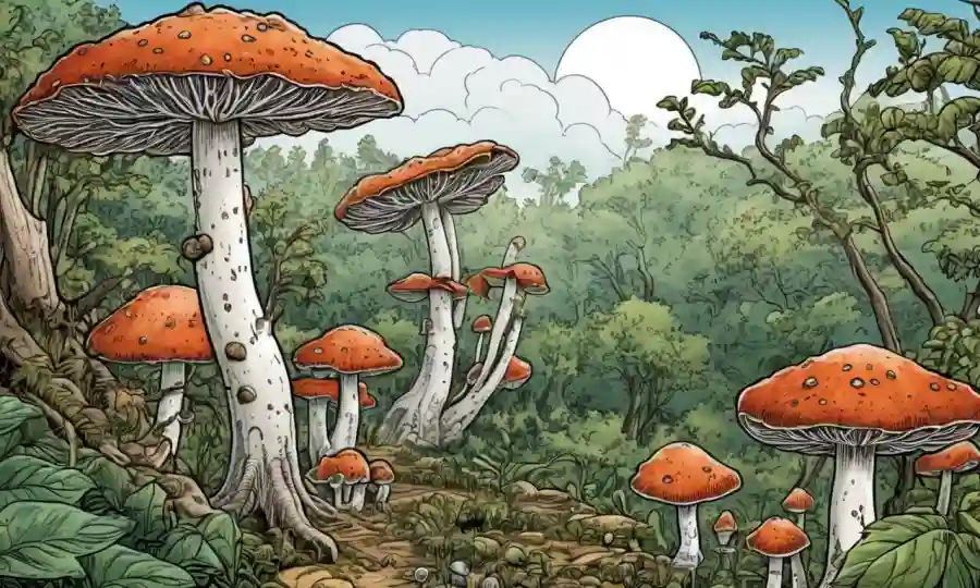 Ilustraciones de hongos microscópicos entre fondo botánico con árbol de evolución.