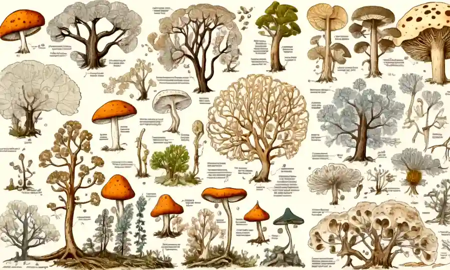 Diagramas científicos y gráficos alrededor de hongos microscópicos con ilustraciones de árboles evolutivas.