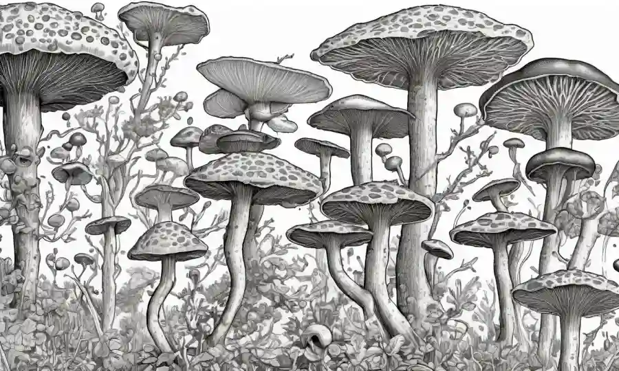 Ilustraciones microscópicas de hongos en un gráfico evolutivo semejante al árbol.