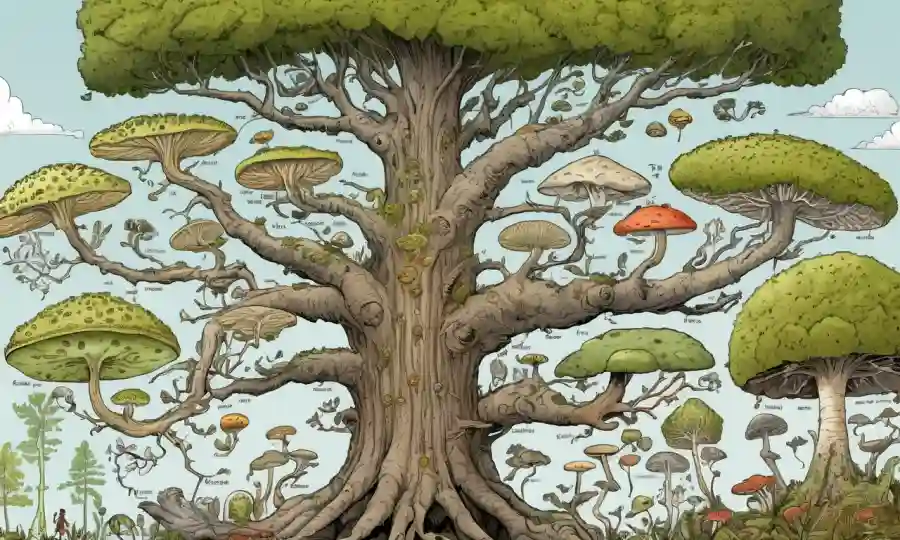 Diagrama de árboles que muestra relaciones entre varias especies fúngicas y sus caminos evolutivos.