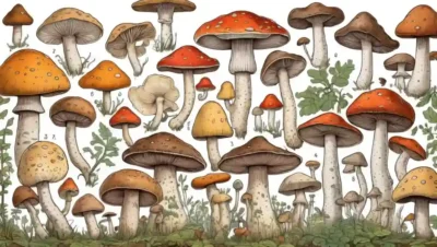 Ilustraciones de diversas especies de hongos en un gráfico evolutivo semejante al árbol.