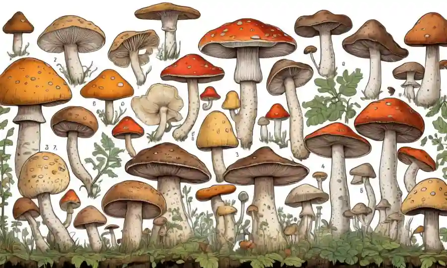 Ilustraciones de diversas especies de hongos en un gráfico evolutivo semejante al árbol.