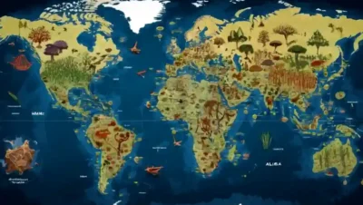 Un árbol filogenético se superpone en un mapa mundial