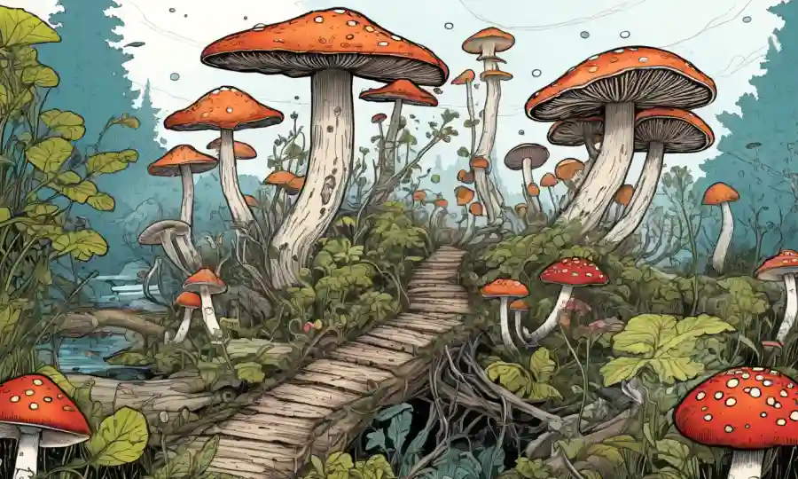 Ilustración detallada de diversos hongos y sus interconexiones en un ecosistema.