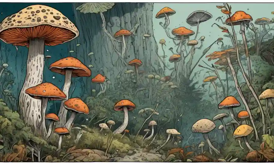 Crecimiento fúngico con flechas e ilustraciones que muestran similitudes genéticas a otros organismos.