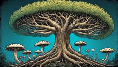 Representación gráfica de árboles filogenéticos junto a la ilustración de crecimiento fúngico.