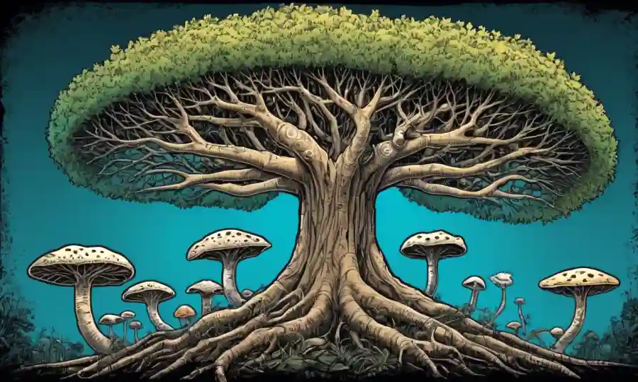 Representación gráfica de árboles filogenéticos junto a la ilustración de crecimiento fúngico.