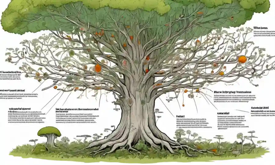 Un diagrama de árboles que muestra relaciones evolutivas entre especies fúngicas, con conexiones a patrones de causación de enfermedades.