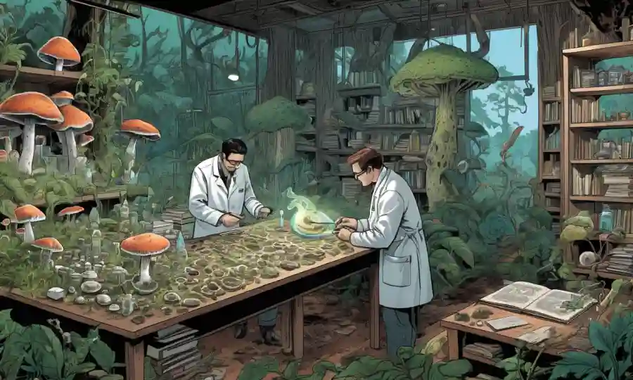 Investigadores que estudian hongos en un laboratorio o entorno forestal, rodeados de textos botánicos y micológicos.