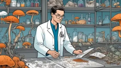 Un micólogo que estudia hongos en un laboratorio rodeado de diagramas y datos.