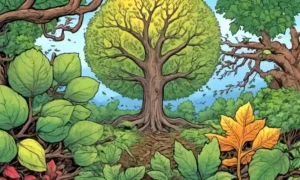 Ramas de árboles con hojas de diferentes formas y colores que representan la evolución y la agricultura.