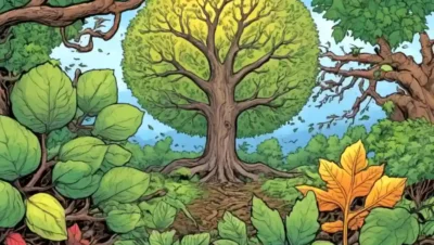 Ramas de árboles con hojas de diferentes formas y colores que representan la evolución y la agricultura.