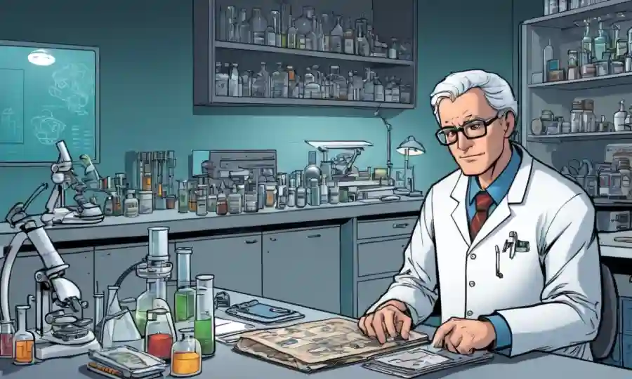 Un científico sentado en un banco de laboratorio