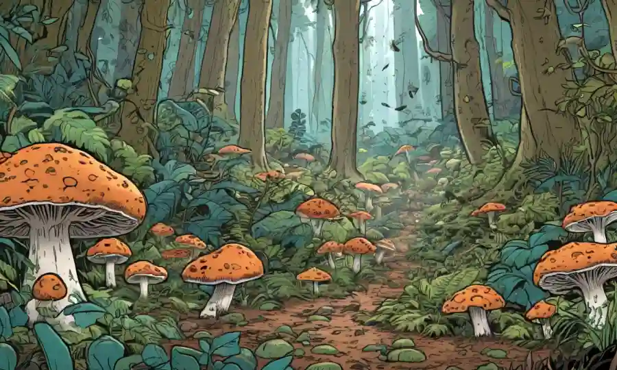 Un micelio que se extiende por el suelo forestal bajo crecimiento, rodeado de diversas especies vegetales y animales.