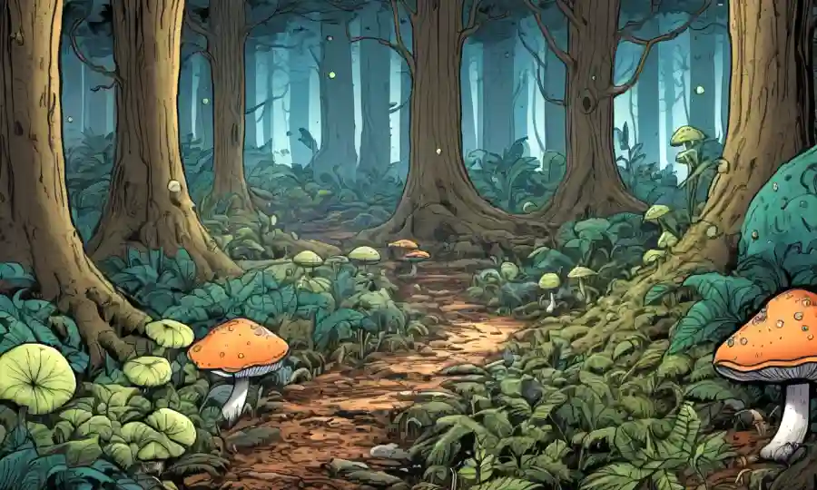 Una escena forestal con hongos que conectan árboles y destacando el ciclismo de nutrientes.