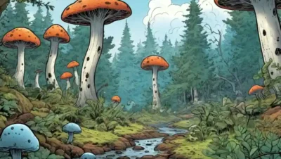 Microorganismos como esporas de hongos y micelio en medio de un entorno de ecosistemas forestales.