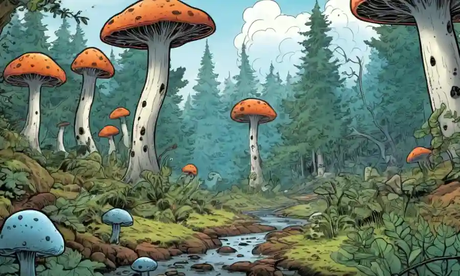 Microorganismos como esporas de hongos y micelio en medio de un entorno de ecosistemas forestales.