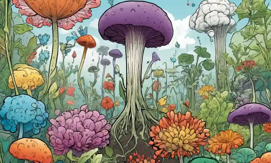 Flores coloridas brotando de esporas, rodeadas de diagramas e ilustraciones de ciclos de crecimiento.