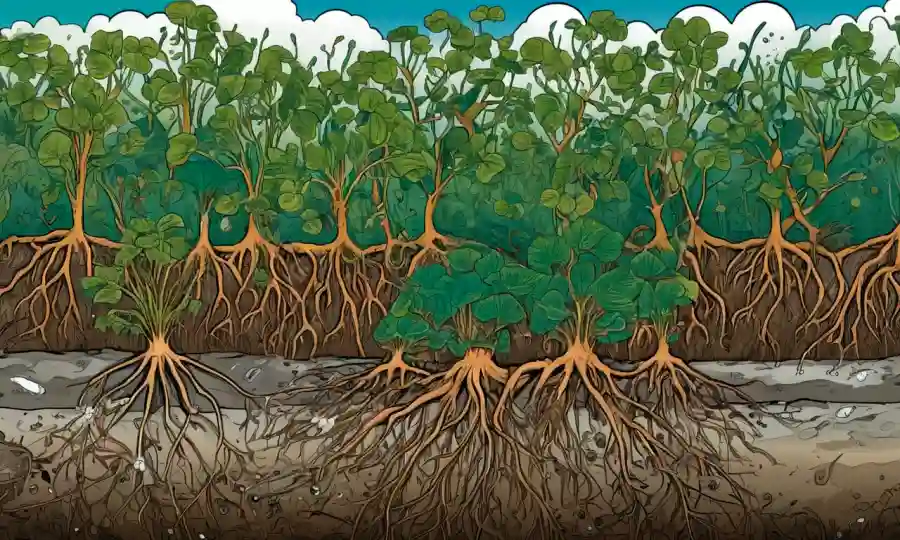 Imágenes científicas de raíces vegetales con pequeños organismos, rodeados de datos ecológicos.
