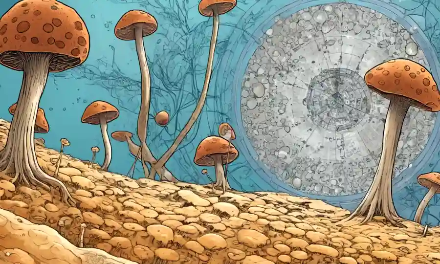 Una imagen microscópica de colonias fúngicas creciendo en una superficie rodeada de diagramas científicos y diagramas de factores ambientales.