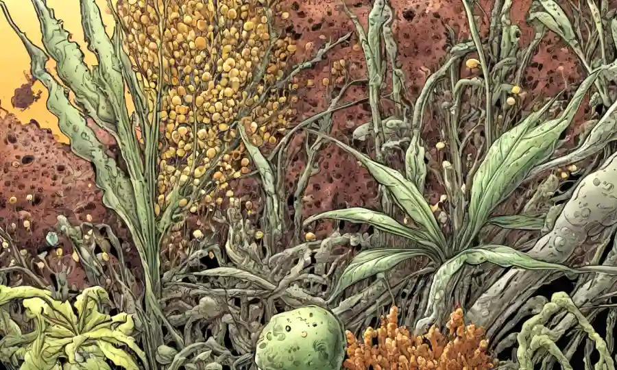 Una imagen microscópica de patógenos vegetales, destacando la importancia de la esclerocia en los procesos ecológicos.
