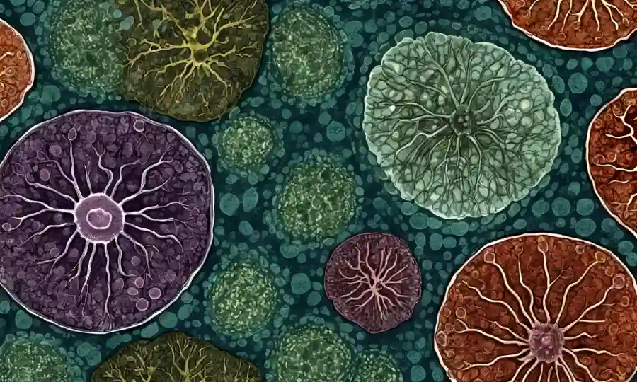 Imágenes microscópicas de estructuras fúngicas en las células vegetales con superposición de texto científico.