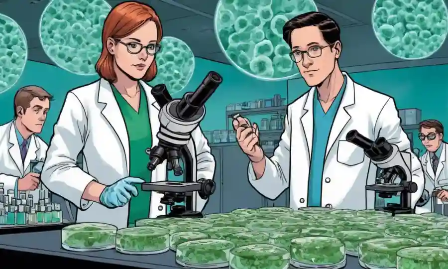 Los investigadores que llevaban abrigos de laboratorio se reunieron alrededor de microscopios y platos petri, rodeados de muestras fúngicas.