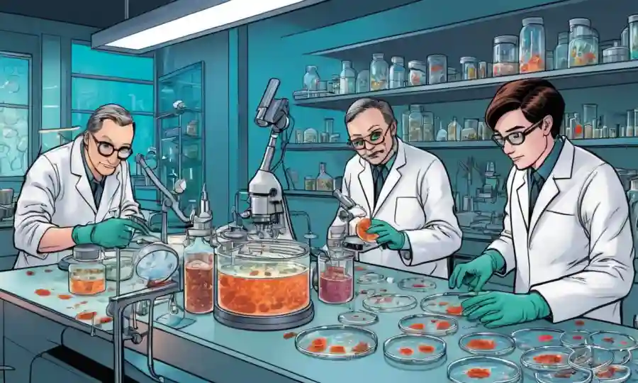 Investigadores científicos que estudian hongos en un laboratorio