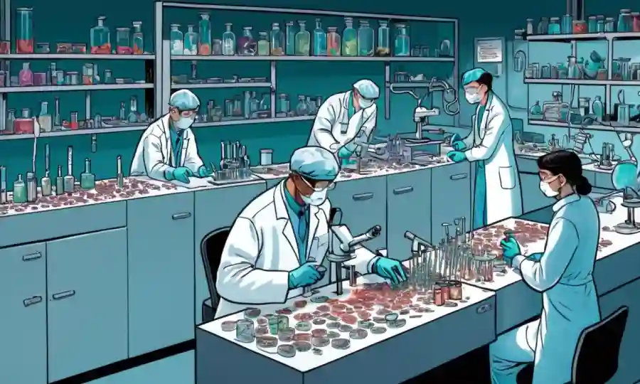 Microbiólogos analizando muestras fúngicas en bancos de laboratorio rodeados de equipos científicos.
